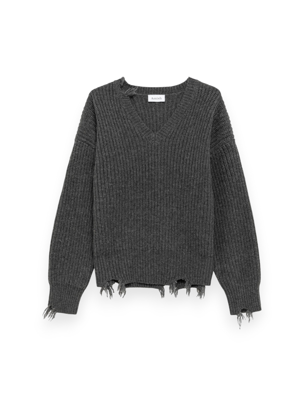 Amish V-Neck Distressed Jumper Grey